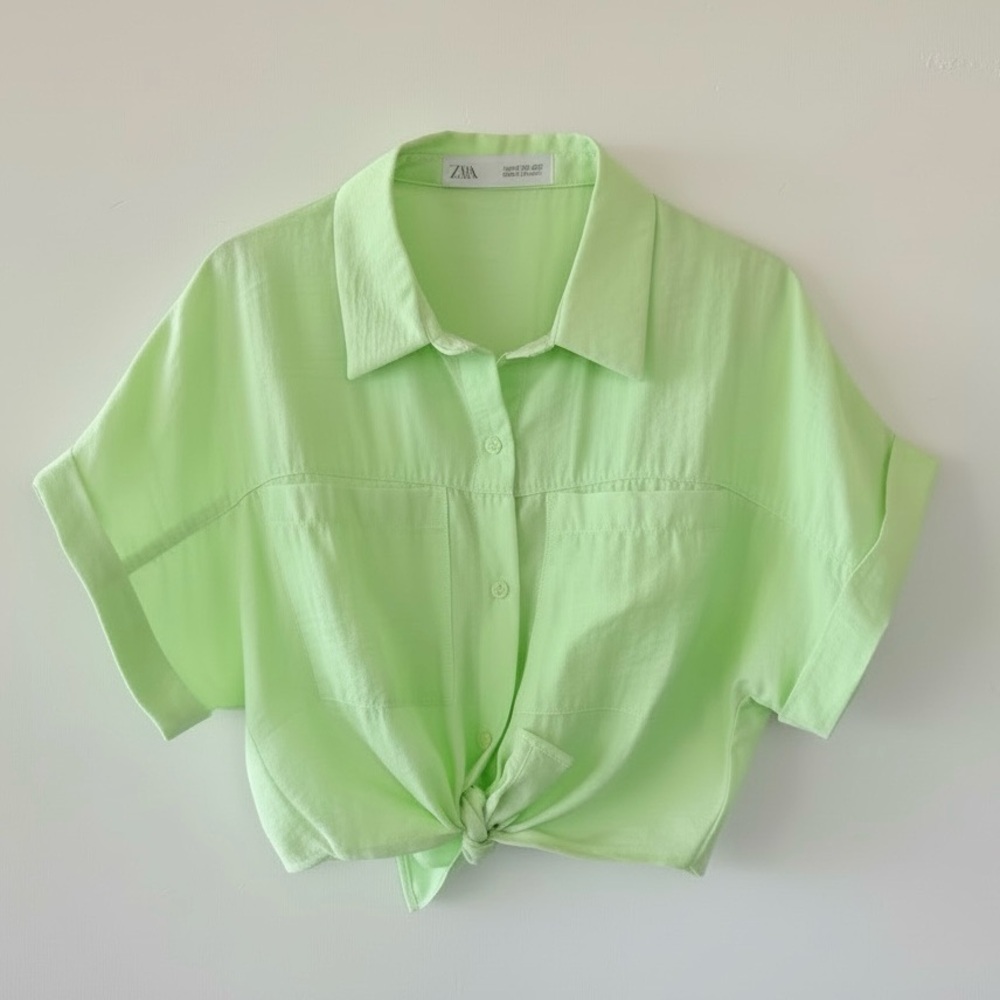 Zara Girls Lime Green Knotted Button Front Shirt Blouse Size 7 Short Sleeve Top